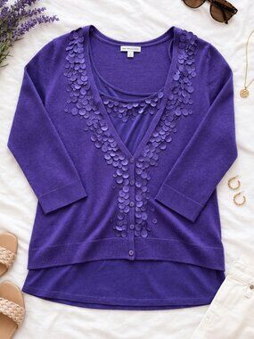 New York & Company Purple Embellished Cardigan Set (Size L)
